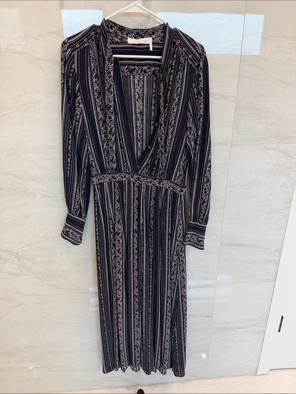 See By Chloé Black Striped Floral Long Sleeve Maxi Dress